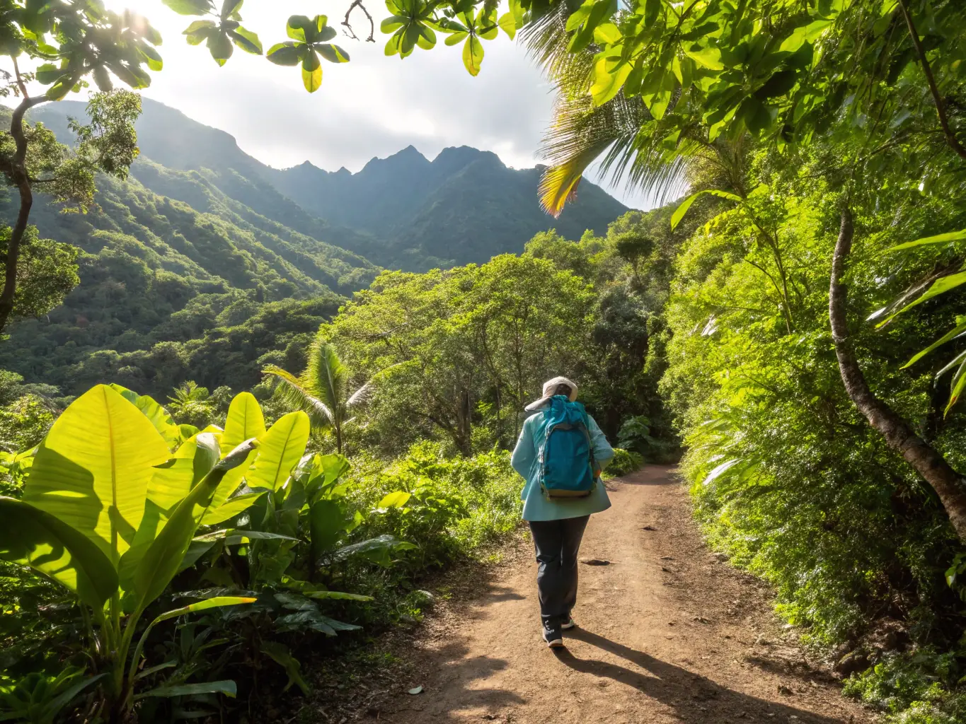 A person rucking through a forest with a weighted backpack.