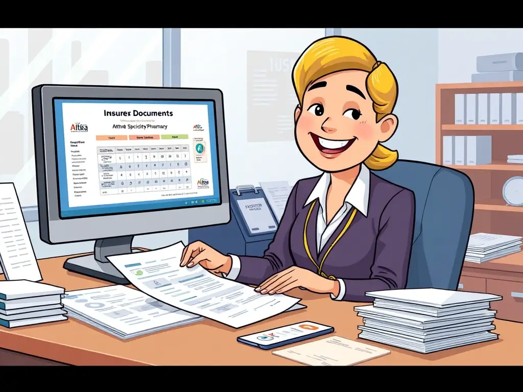 A digital illustration showing an Althea Specialty Pharmacy representative reviewing insurance paperwork and financial documents, highlighting the insurance and financial review process.