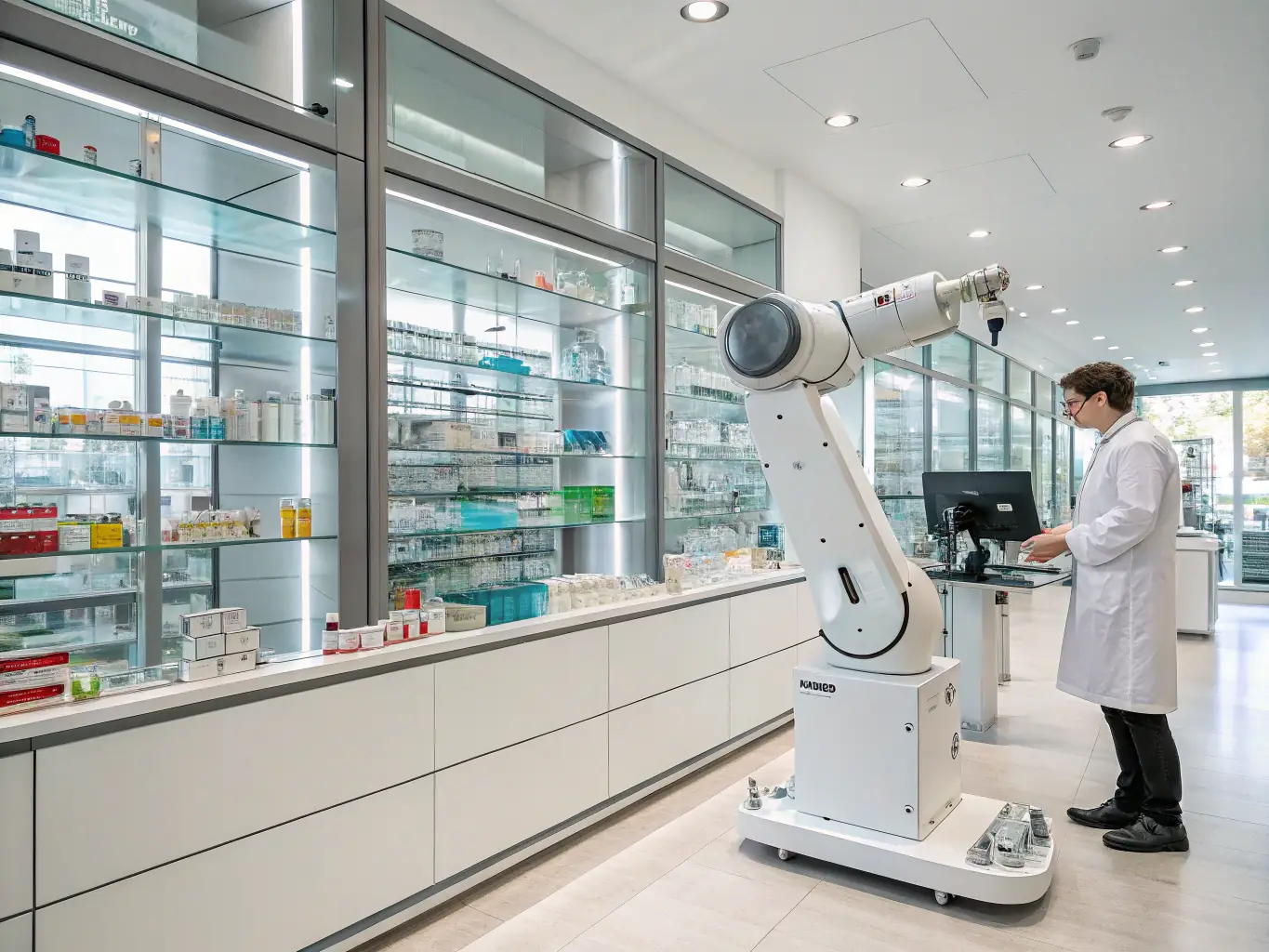 A digital illustration depicting a doctor handing a prescription to a pharmacist at Althea Specialty Pharmacy, symbolizing the initial step of receiving a prescription.