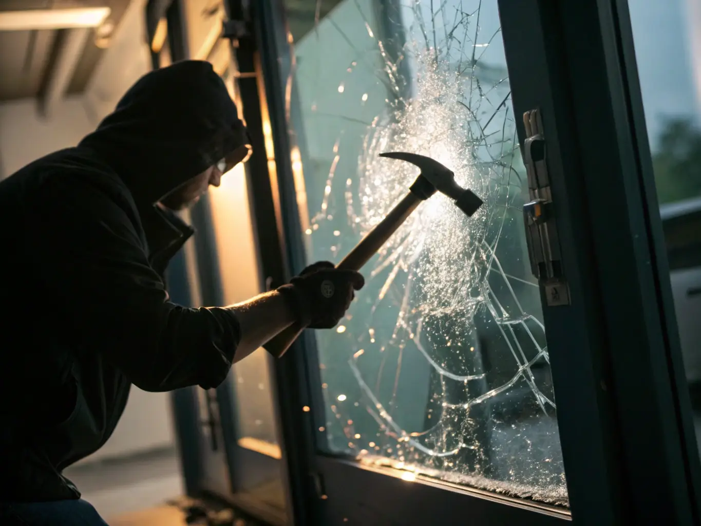 A high-resolution image showcasing a window treated with security film, successfully resisting an attempted break-in. The scene should convey a sense of safety and protection, with the film visibly holding the glass together despite the impact.