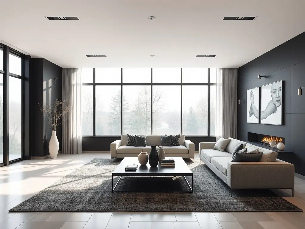 An interior shot of a stylish home featuring frosted window film, providing privacy while maintaining a bright and airy atmosphere. The image should emphasize the balance between seclusion and design.