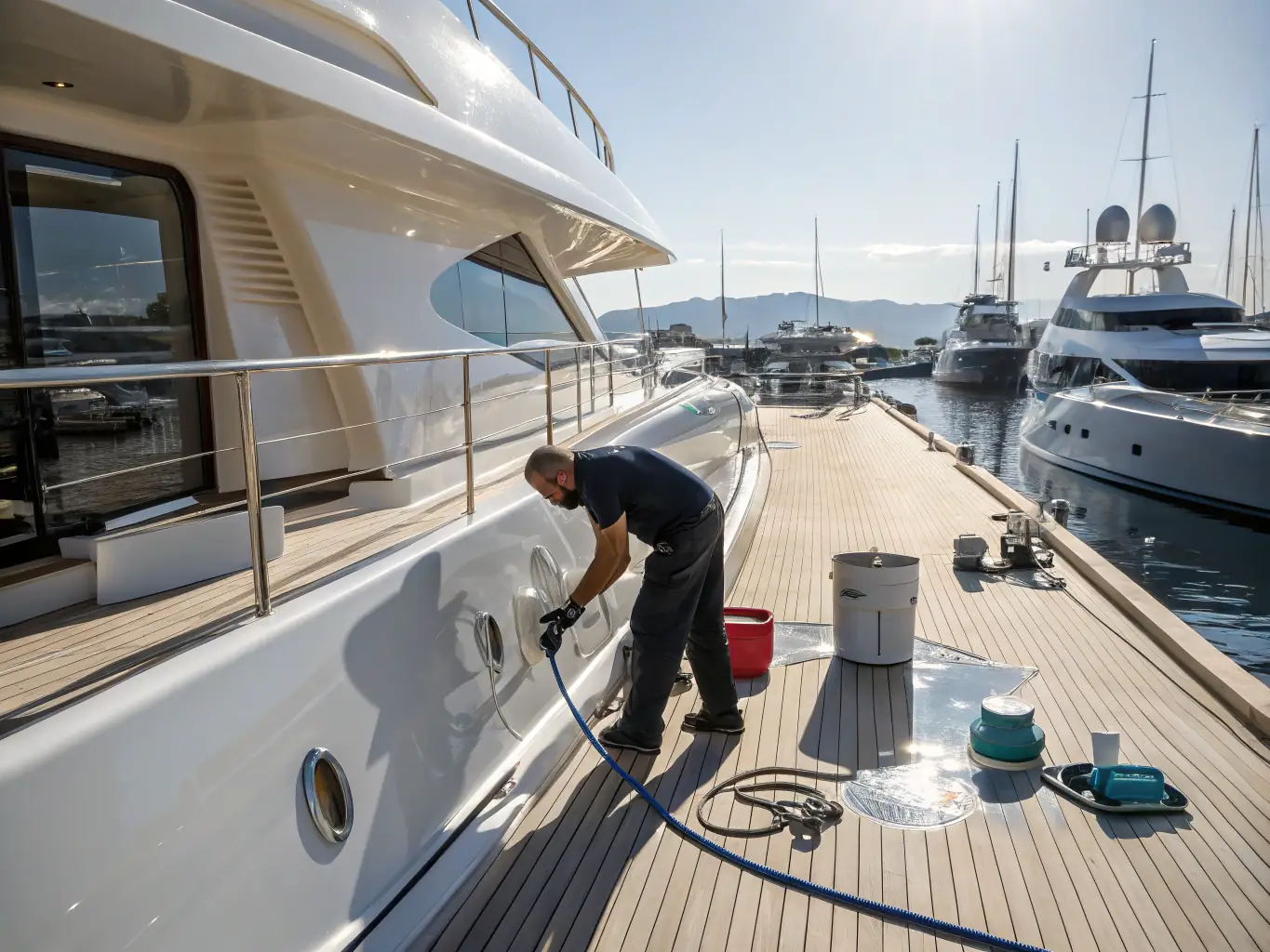 A high-angle shot of a Nautiline Yacht Finish technician expertly buffing the hull of a luxury yacht, showcasing the reflection of the water and sky on the polished surface. The technician is using professional-grade equipment, and the scene is set in a sunny marina.