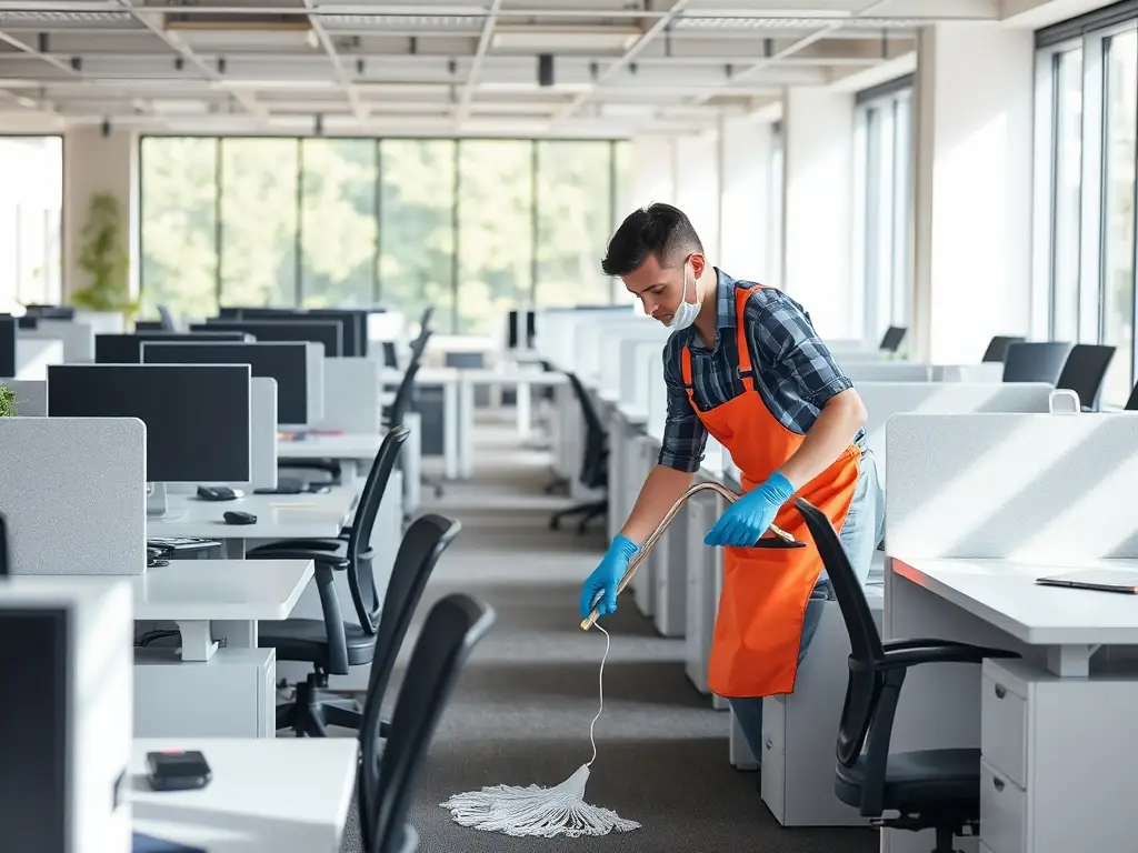 A brightly lit, modern office space with clean desks and a person cleaning a glass surface.