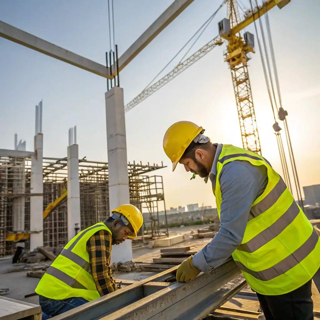 An image depicting a construction site with workers wearing safety gear, with a tablet or phone displaying the Safecom app interface, emphasizing ease of use and digital safety management.
