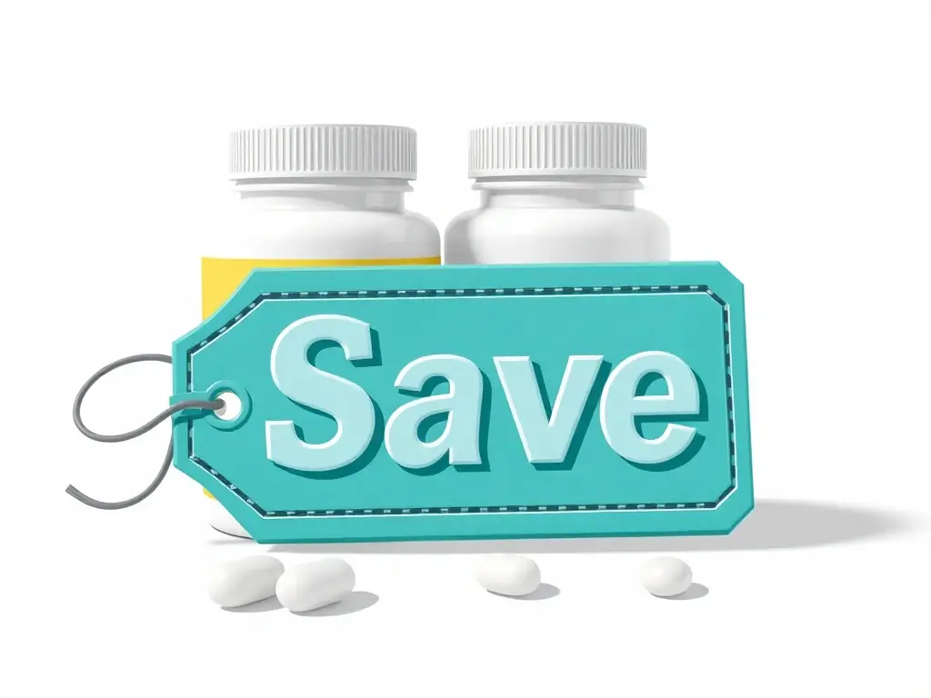 A teal coupon tag leaning on a white pill bottle, centered.
