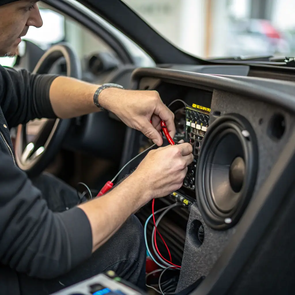 A professional installing a car radio in a modern vehicle, showcasing the precision and care taken during the installation process. The image should convey expertise and attention to detail.
