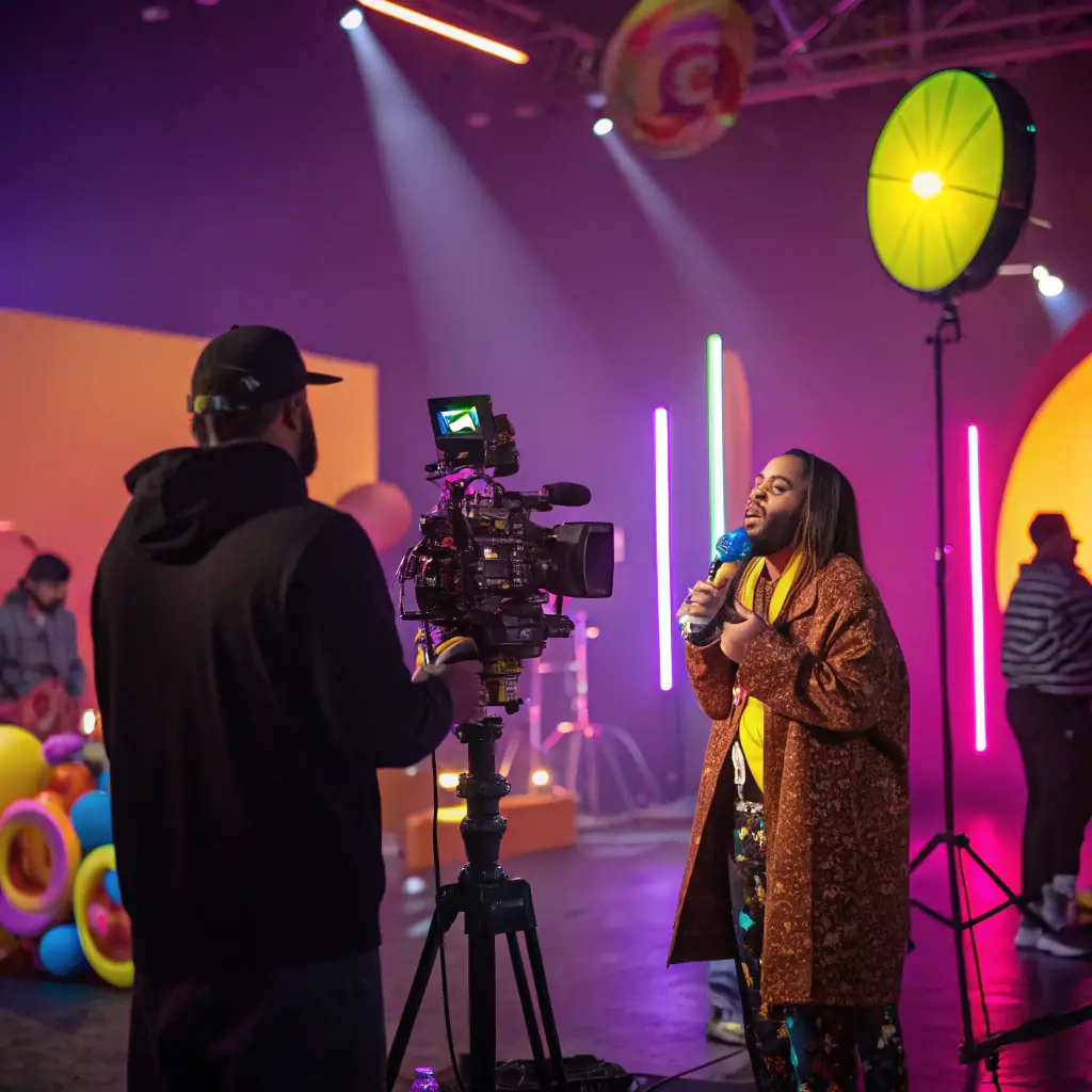 A behind-the-scenes shot of a music video production, showing a director giving instructions to the crew, with a musician in costume in the background. The scene is lit with professional lighting equipment, emphasizing the cinematic quality of the production.