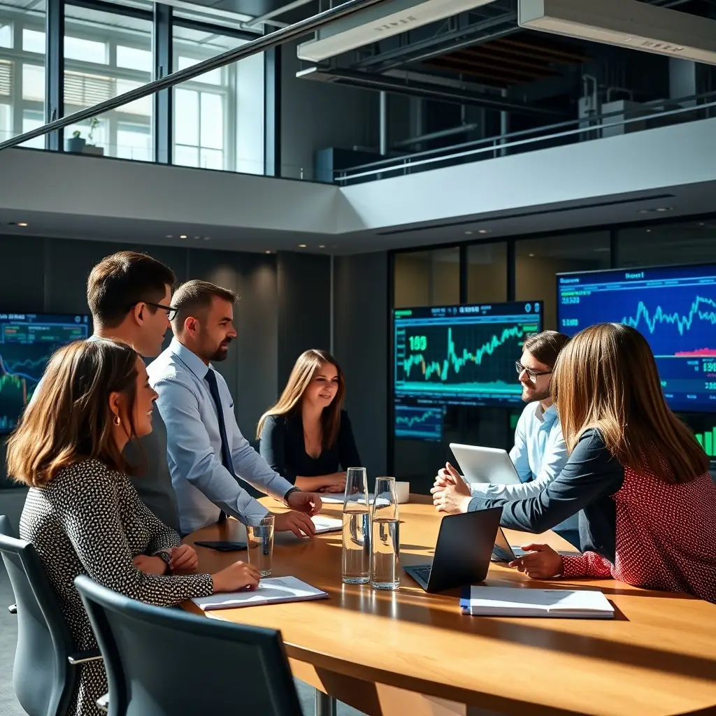 A team of financial advisors discussing strategies in a modern office with charts displayed on a screen.