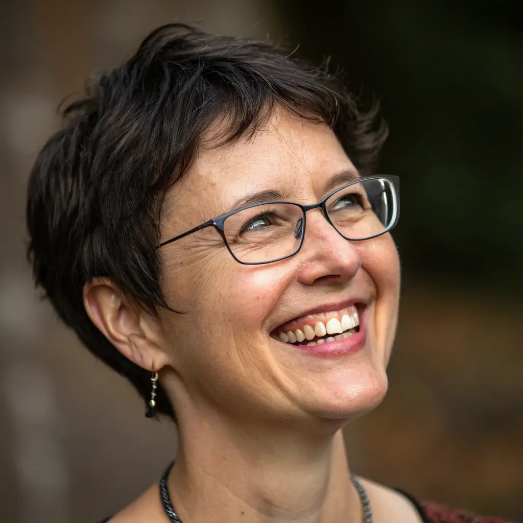 Isabelle has short, curly brown hair and wears glasses, with a warm and inviting smile.