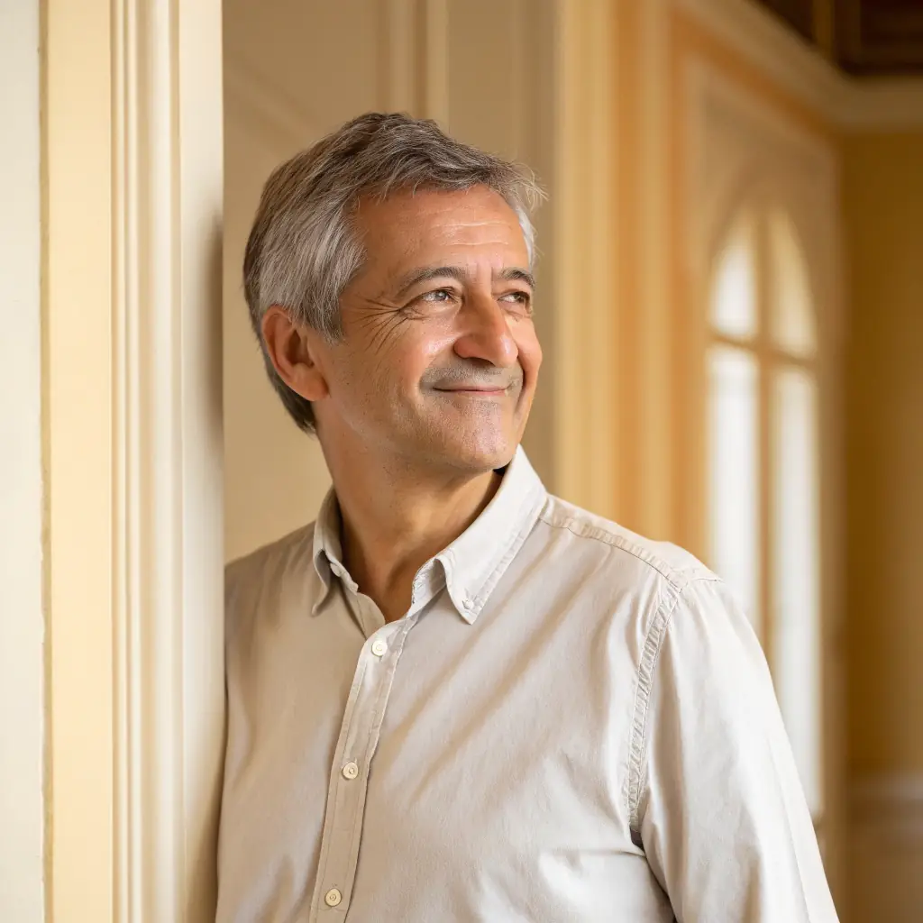 Jean-Pierre is a middle-aged man with a neatly trimmed beard and a kind expression.