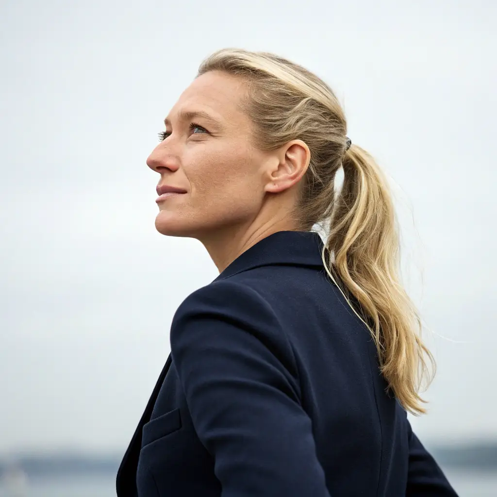 Sophie is a young woman with long, straight blonde hair and a focused, determined gaze.