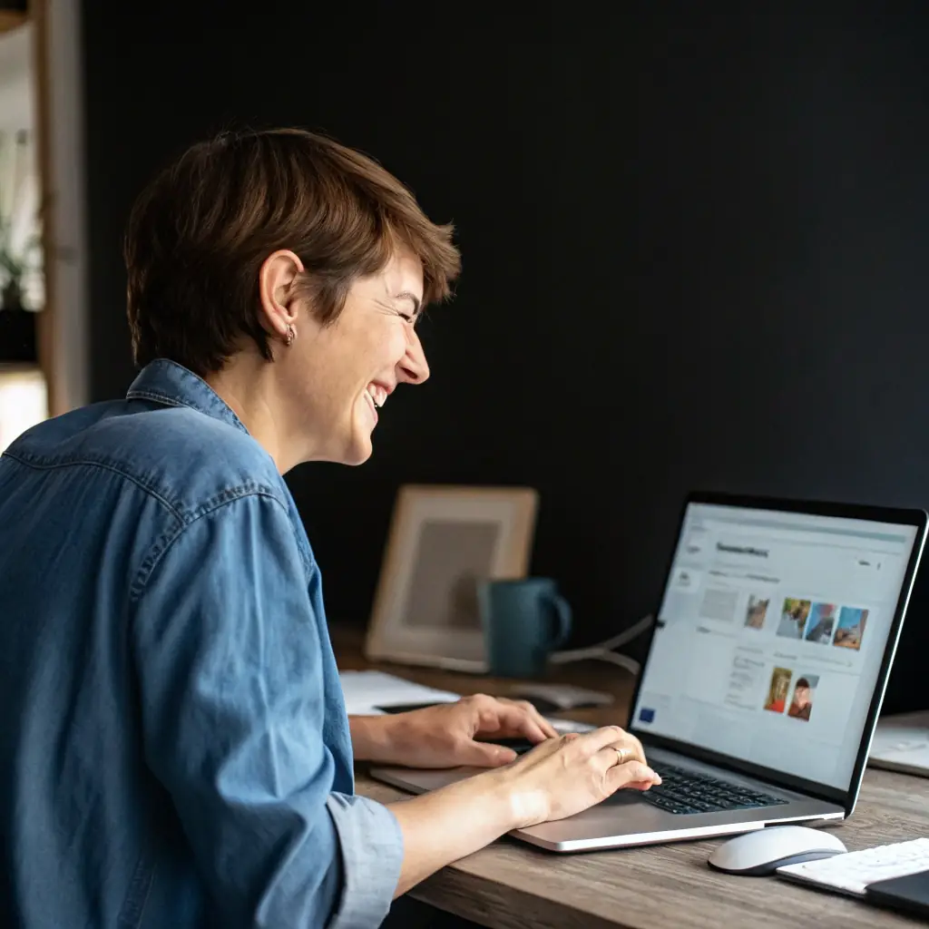 A person using a laptop in a modern, brightly lit co-working space. The laptop screen displays a search engine results page with local business listings. The person is smiling and pointing at the screen, indicating satisfaction with the search results. The background includes blurred images of other people working and collaborating, creating a sense of a dynamic and productive environment.