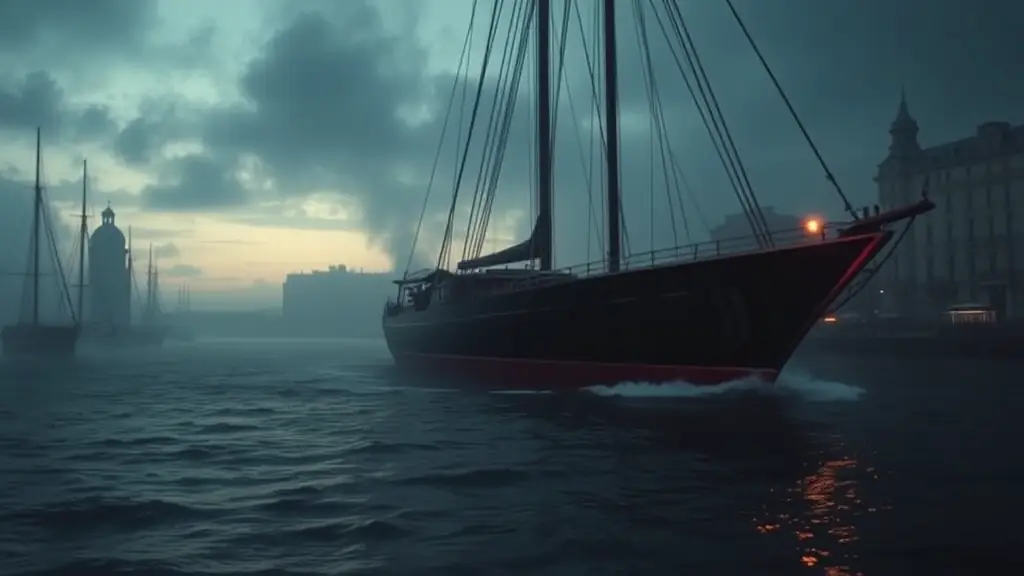 A sleek black yacht with blood-red trim sails into Blackport's harbor in the year 1897.