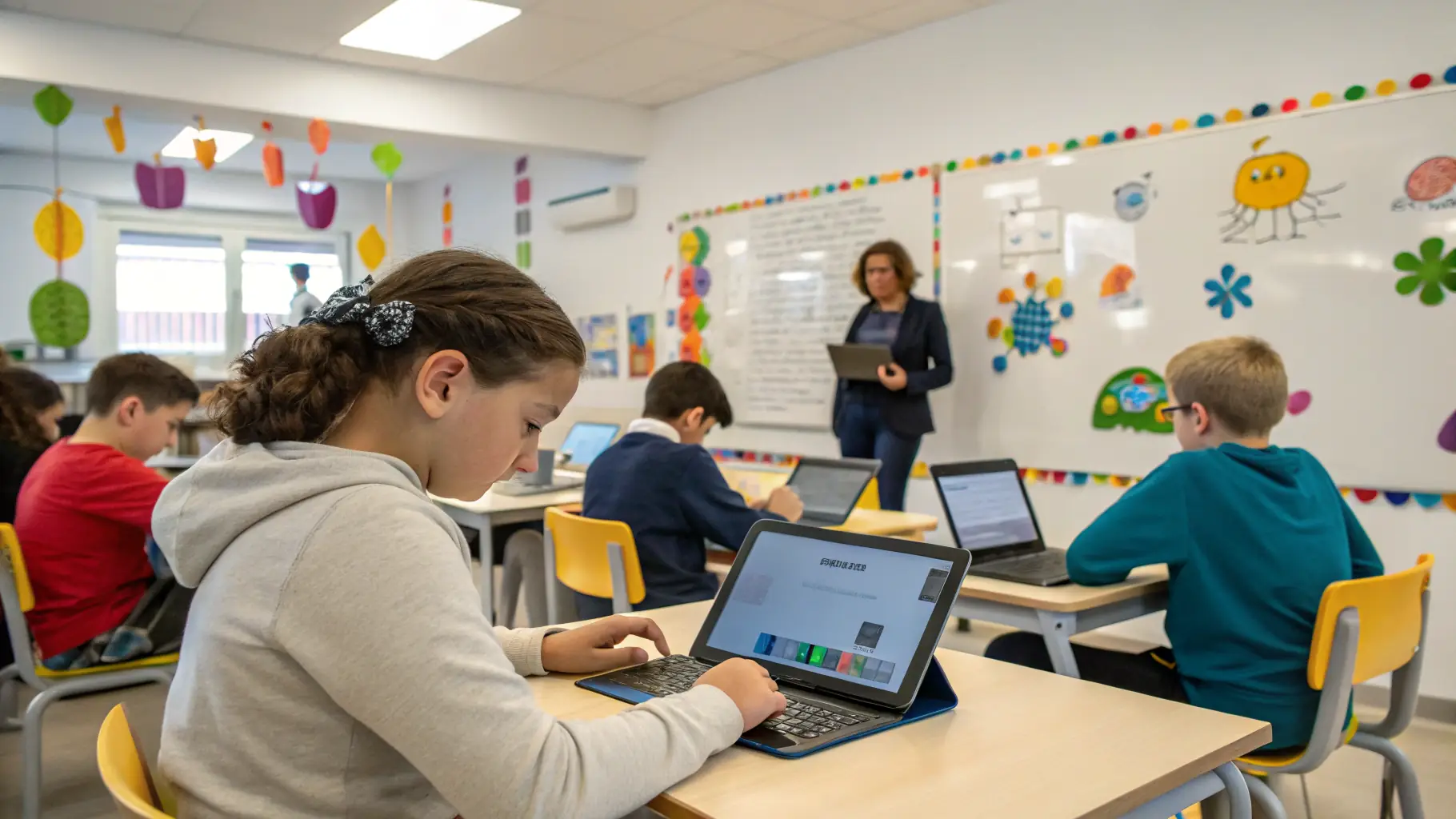A modern classroom with students using tablets and laptops, a teacher guiding them, and digital screens displaying interactive educational content, representing technology integration in education.