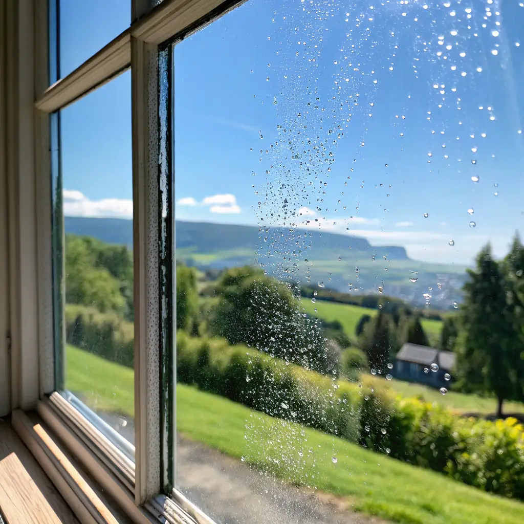 A close-up of a sparkling clean window with a clear view of a sunny Cincinnati neighborhood. The window reflects the blue sky and fluffy clouds, emphasizing the clarity and cleanliness achieved by Brighter Day Exterior Cleaning's window cleaning service.