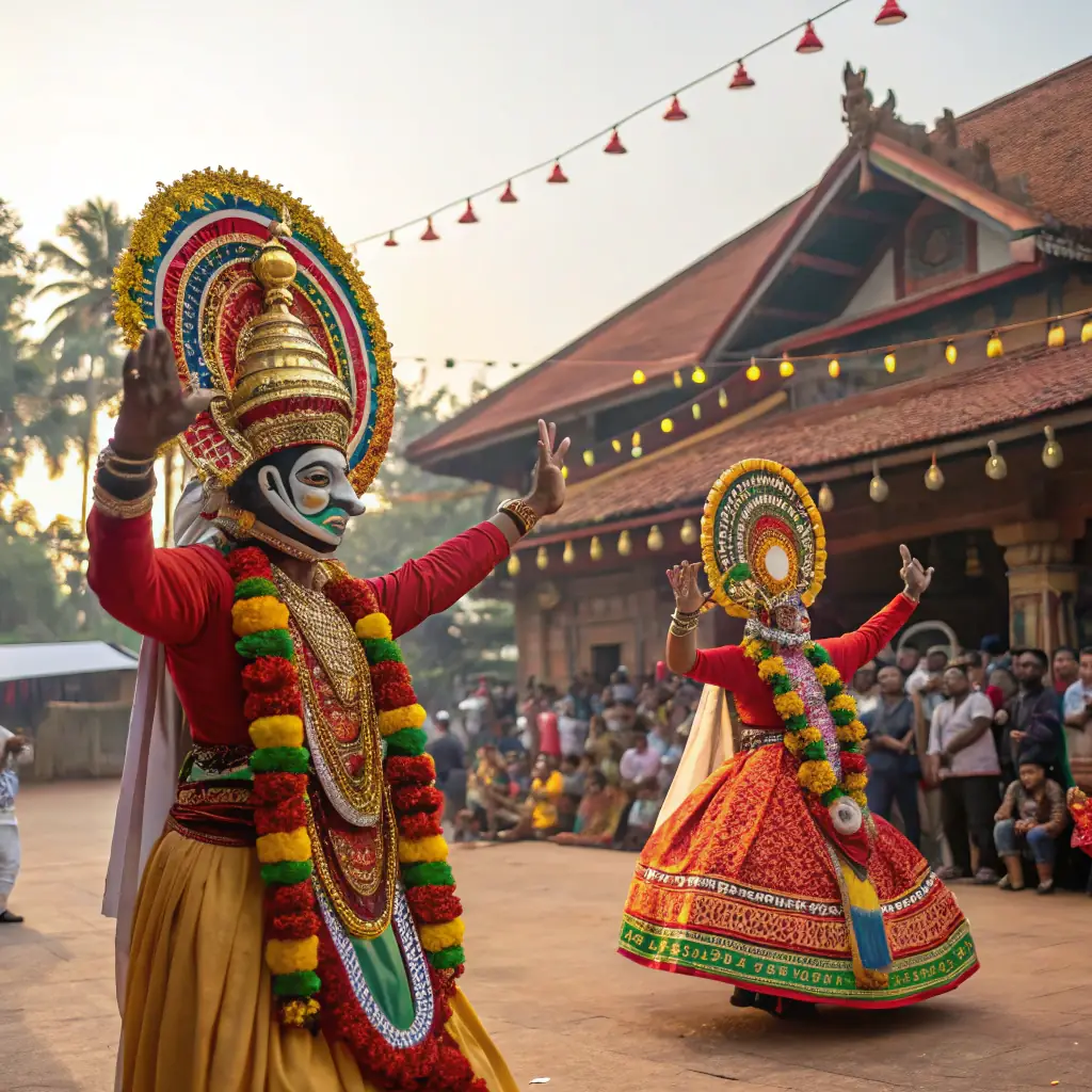 A vibrant Chenda Melam performance in Kerala, showcasing drummers in traditional attire, immersed in a lively temple festival.
