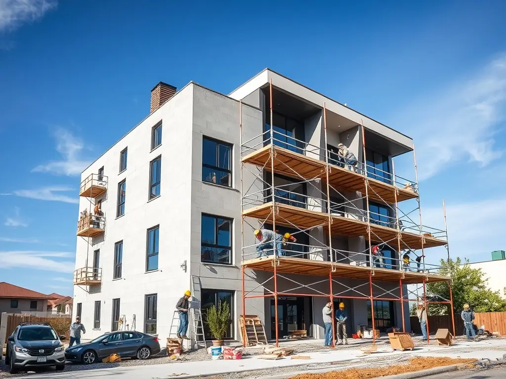 Modern residential building under construction, illustrating our property development capabilities.