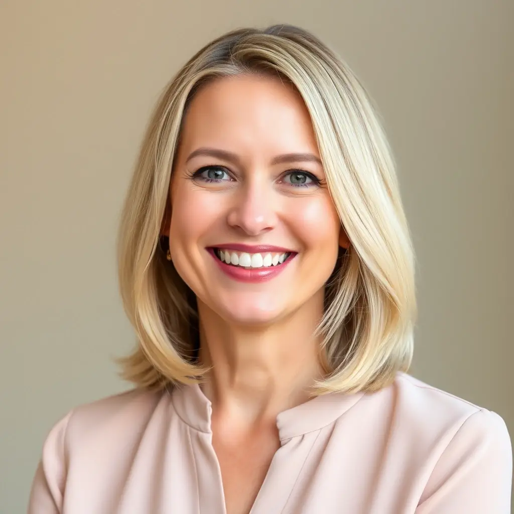 Professional headshot of a smiling client, offset to the left, wearing a casual business attire.