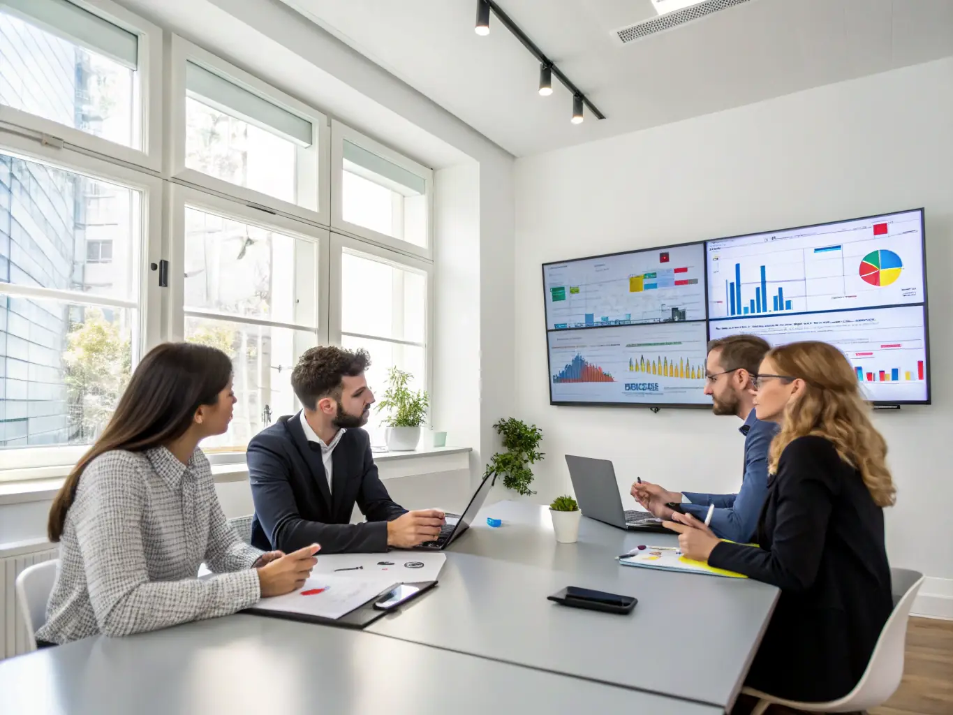 A team of Mexterra employees collaborating in a modern office, reviewing property management strategies and data on a large screen.