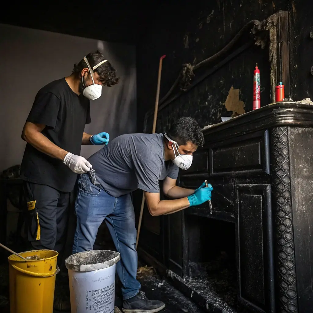 An interior shot of a home severely damaged by fire, with visible soot and structural damage. Restoration workers are carefully assessing the damage and beginning the cleanup process, showcasing the comprehensive restoration services provided by Riverside Restoration.