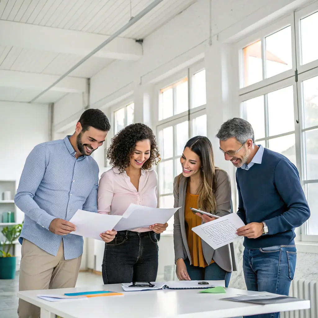A diverse team of skilled professionals working collaboratively in a modern office environment, symbolizing the benefits of the Employer Nomination Scheme (ENS 186 Visa) for both businesses and employees.