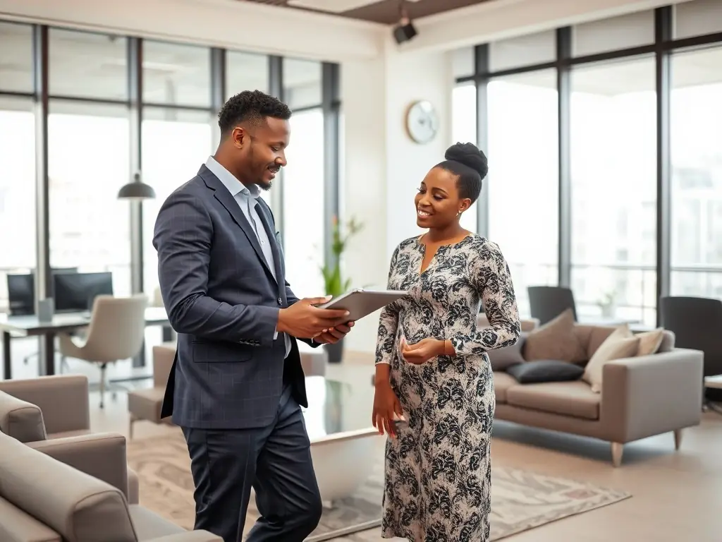 A professional photograph of a real estate agent assisting a client with paperwork in a modern office setting, emphasizing the personalized support and expert guidance offered by Kamat.