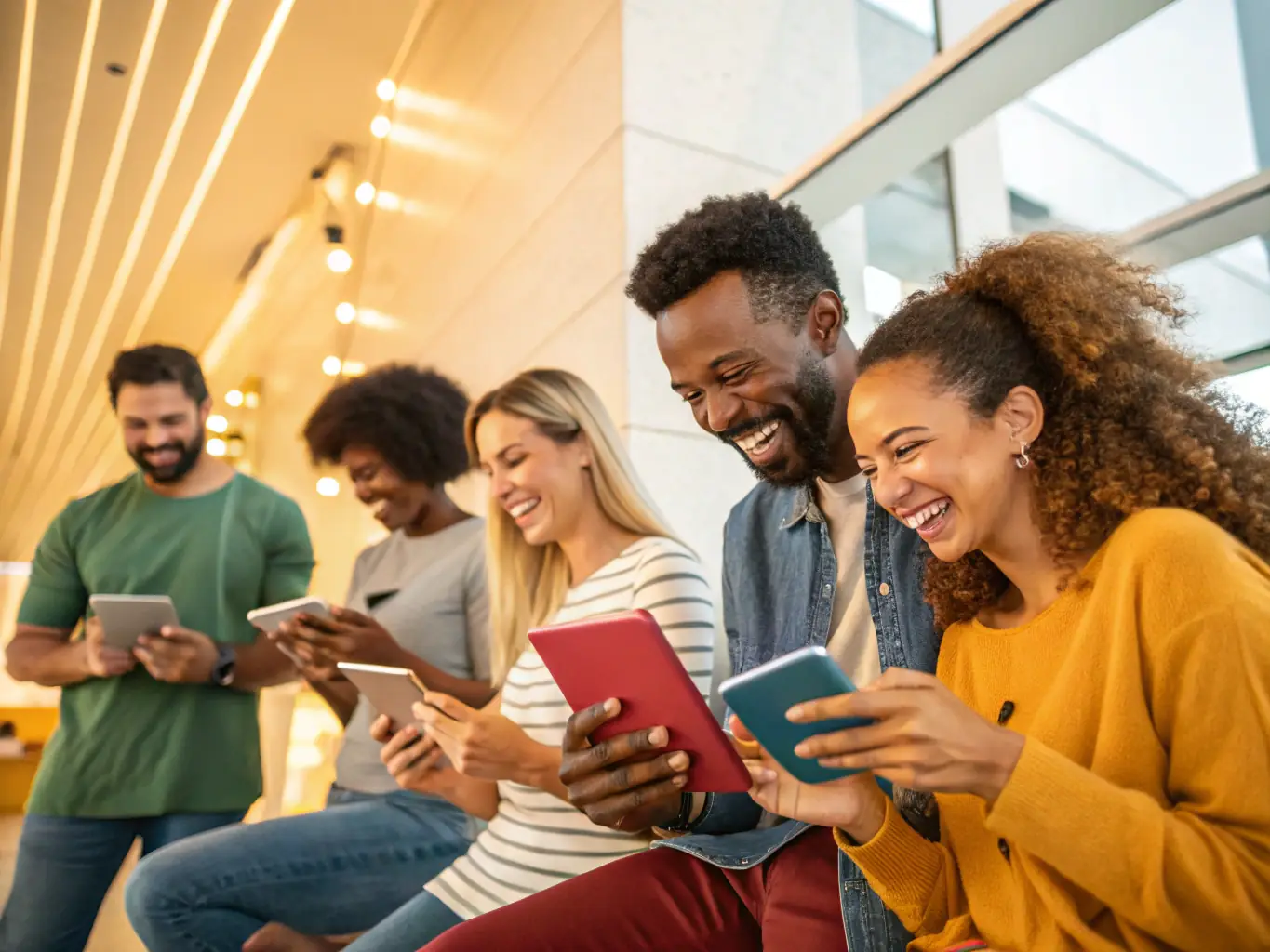 A visually appealing image of a diverse group of people happily gathered around a mobile phone, browsing property listings on the Kamat app, highlighting the accessibility and user-friendliness of the platform.
