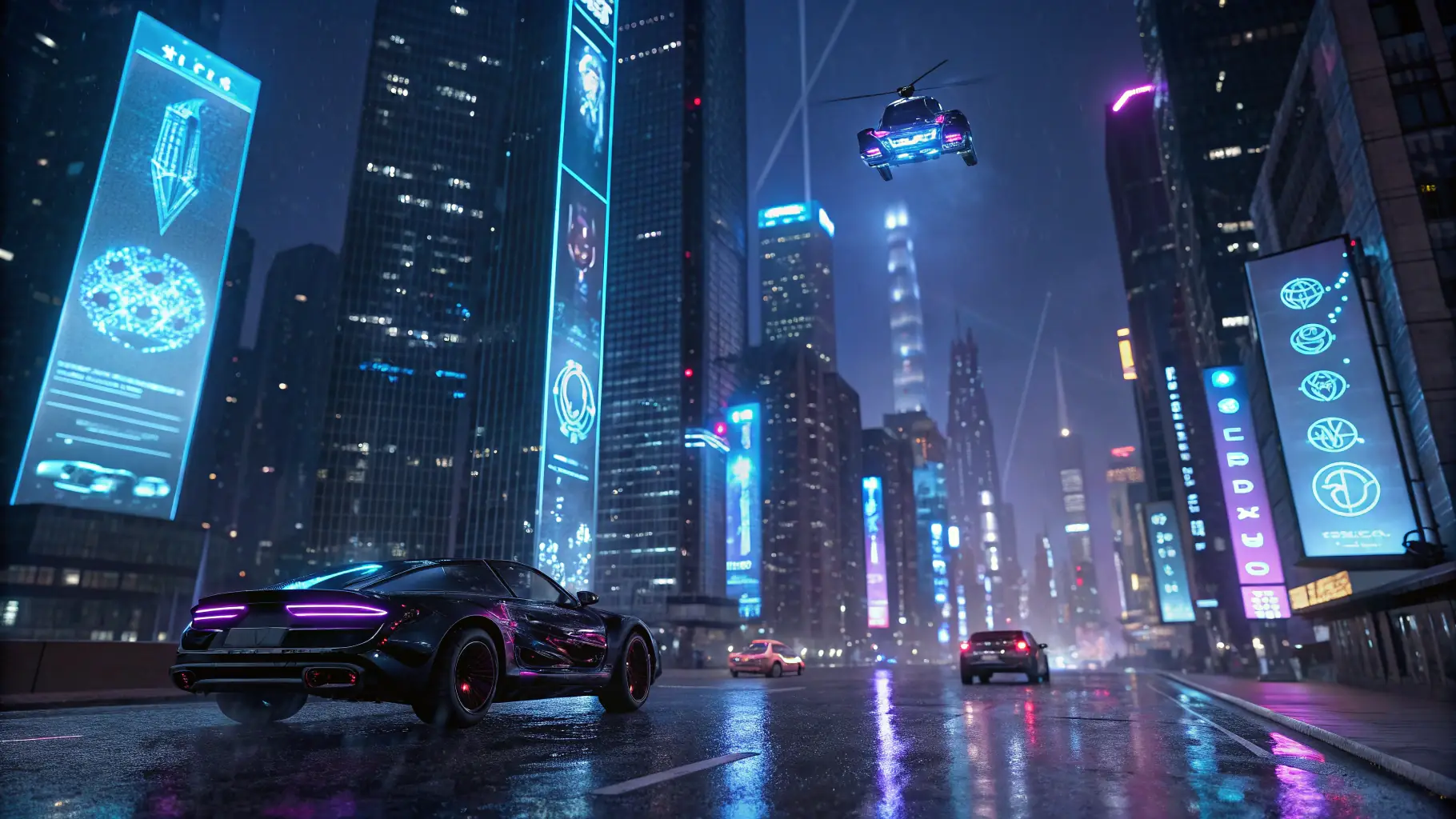 A futuristic cityscape with flying cars and holographic advertisements, representing the advanced technology discussed in the blog post.