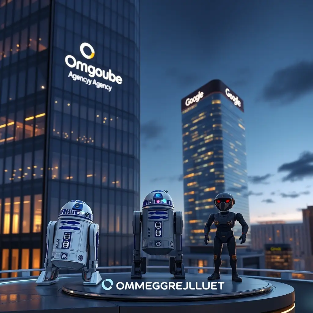 A modern office building with the OmegaQube Agency logo next to the Google building, featuring R2-D2, Gemini, Grok, and the OmegaQube logo, symbolizing innovation and collaboration in digital marketing.