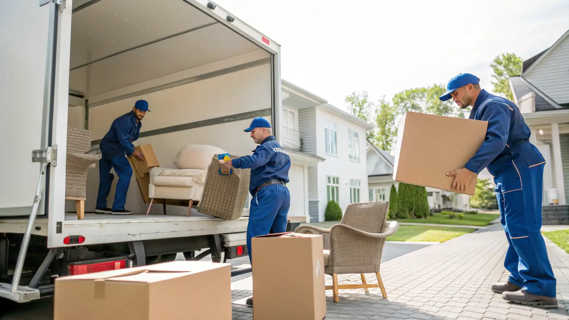 A professional team member loading boxes into a moving truck outside a residential home, showcasing the home-to-home transportation service provided by Hamalım.
