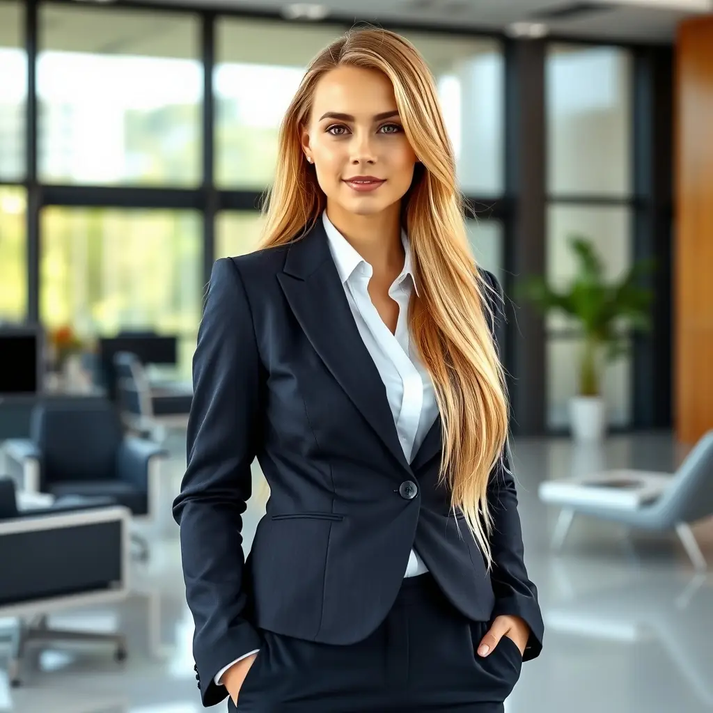 A woman with long blonde hair, wearing a stylish dress.