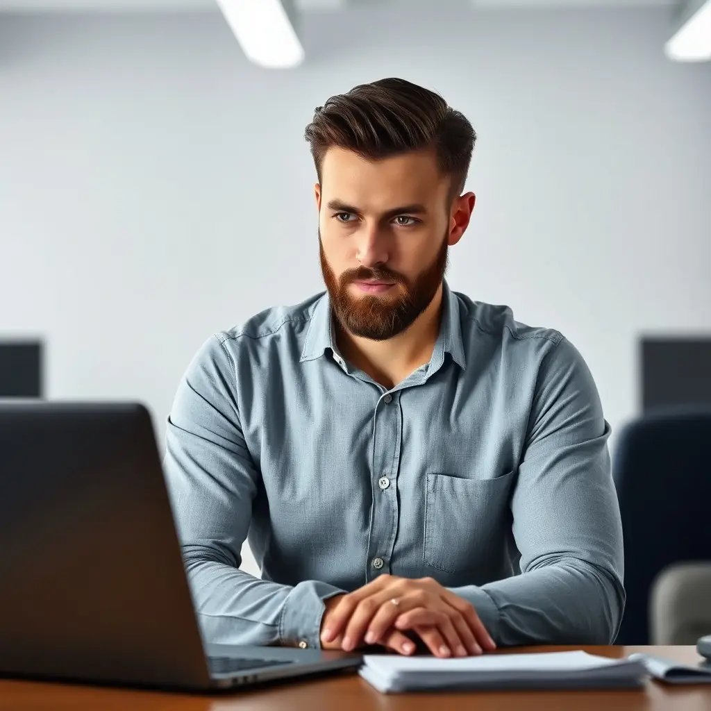 A man with a beard and a casual shirt, working on a laptop.