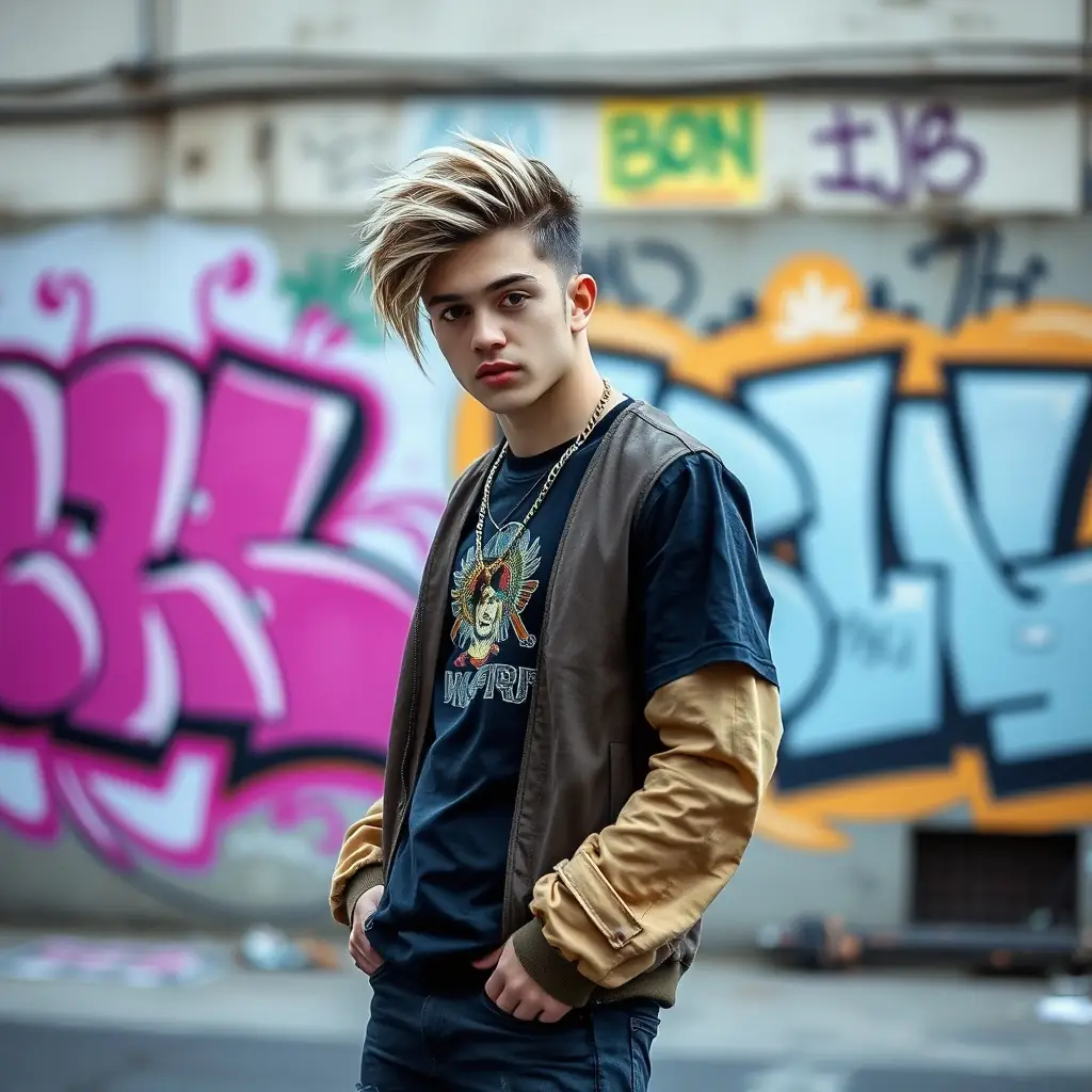 A man with a creative hairstyle, wearing a graphic t-shirt.