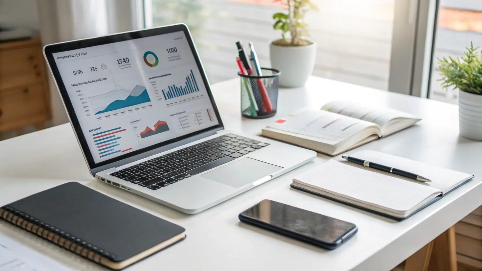 A modern office desk setup with a laptop, business cards, and branded stationery.