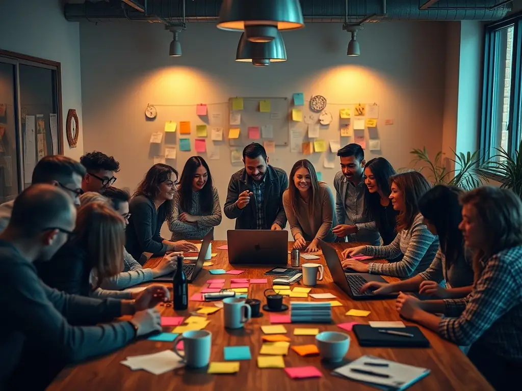 A diverse group of people collaborating on a social media campaign, showcasing the community aspect of the platform and the variety of roles available.