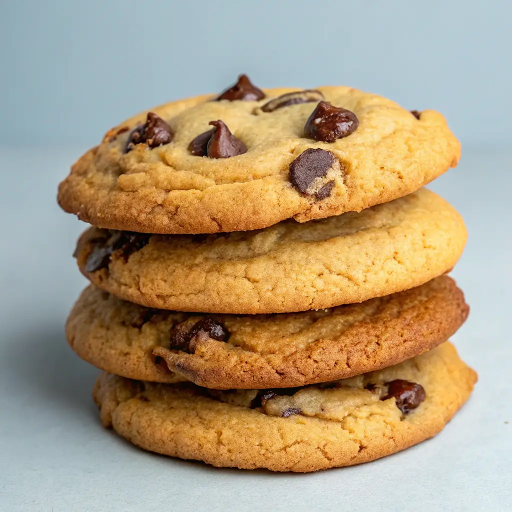 A close-up shot of a stack of freshly baked chocolate chip cookies, with a few crumbs scattered around. The cookies are golden brown and slightly soft, with melted chocolate chips visible on the surface.