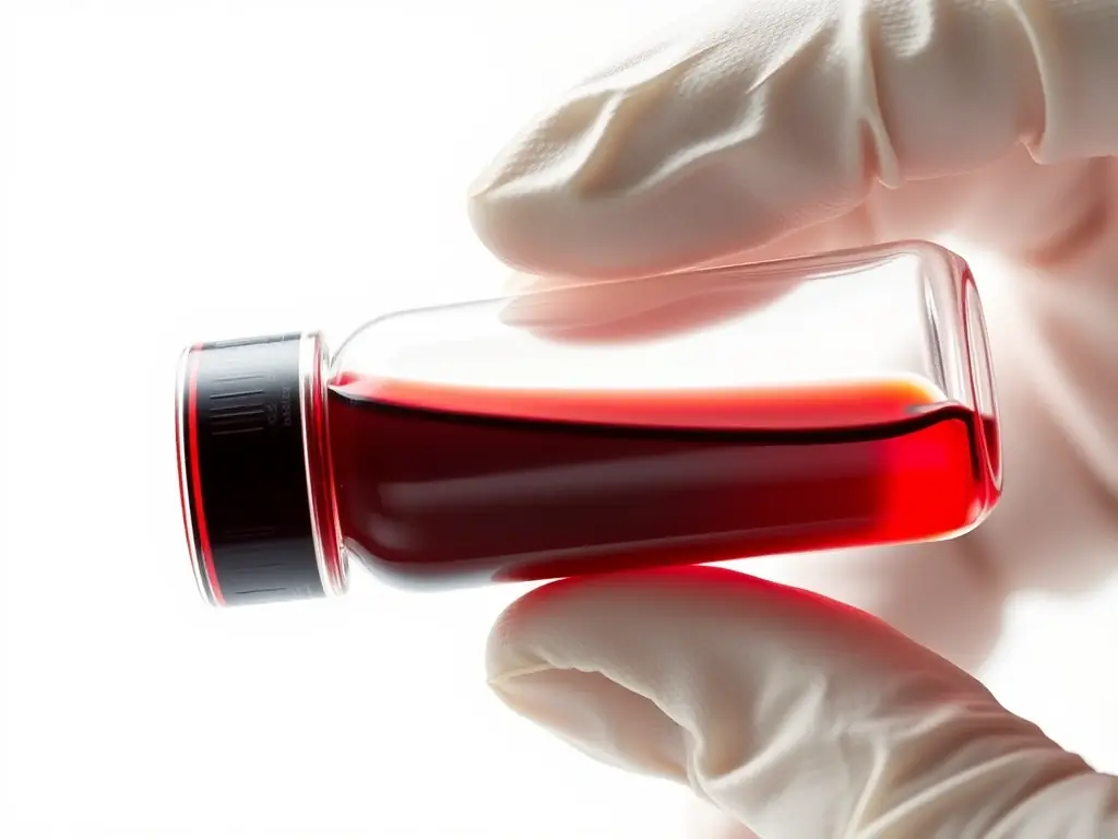 A vial of VivoBlood, a synthetic blood substitute, is held up against a sterile, clinical background, showcasing its potential to revolutionize medical treatments.