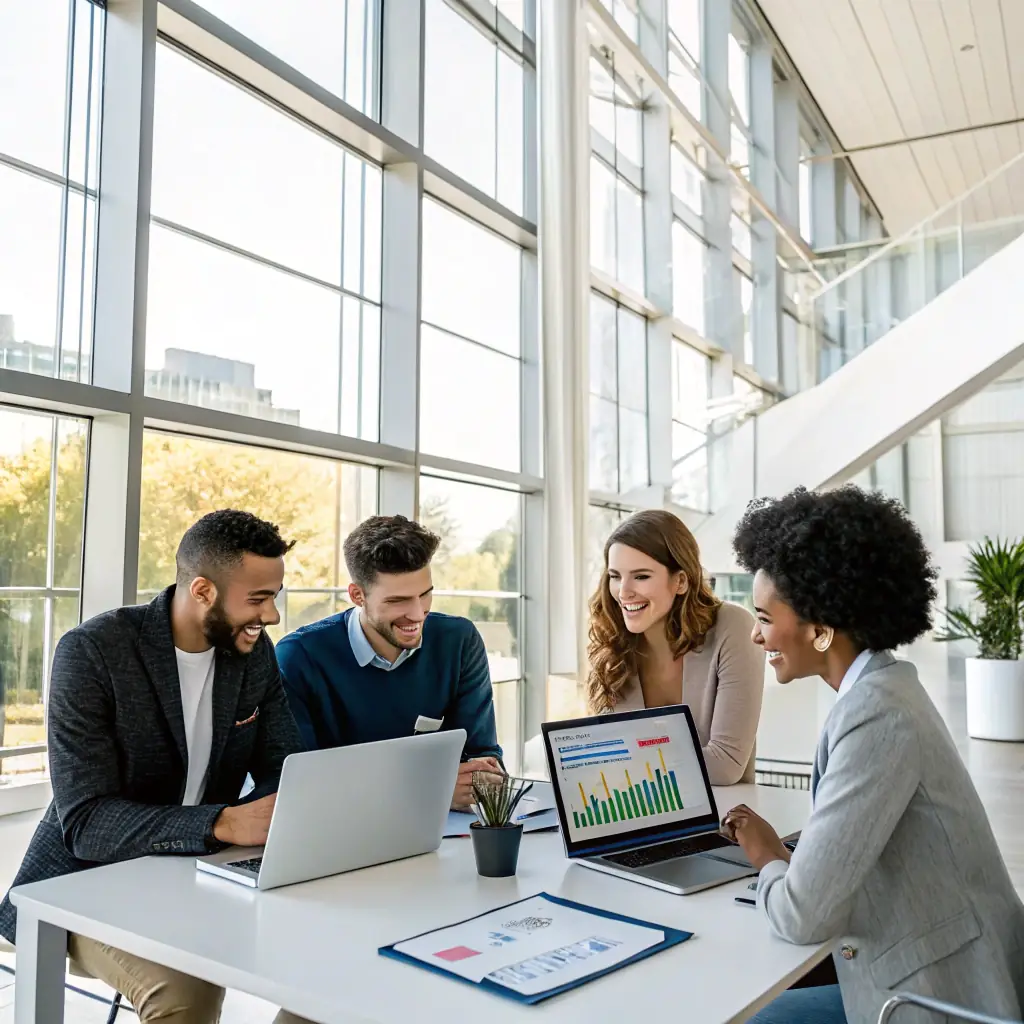 A professional team collaborating on data analysis, showcasing Datafacto's Impact Intelligence service in action. The image should convey a sense of strategic alignment and data-driven decision-making.