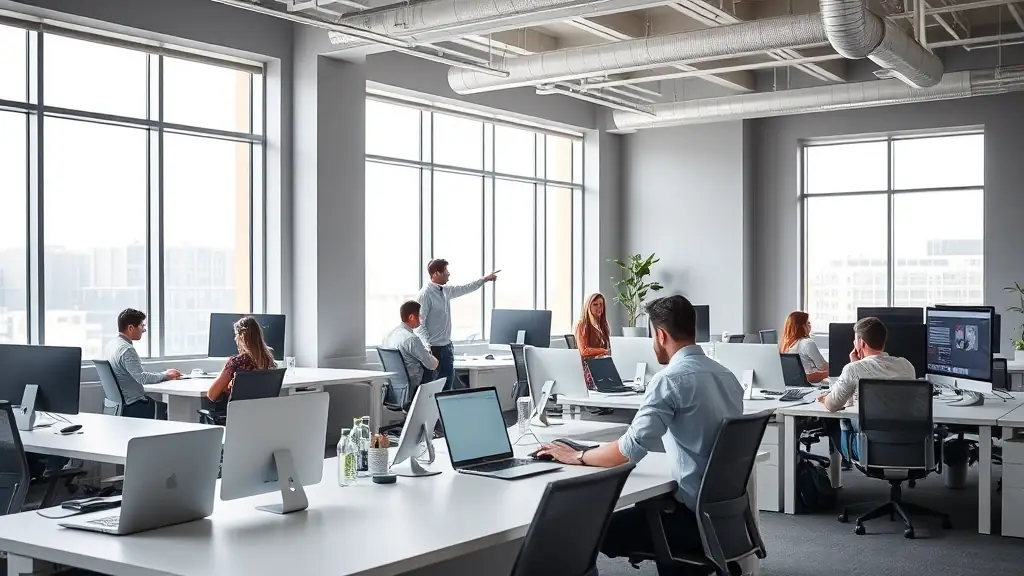 A modern office space with employees working collaboratively on a project.