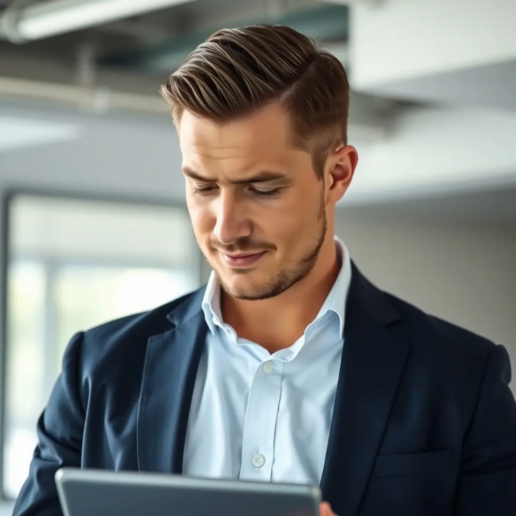 David has a clean-shaven look with a thoughtful expression, often seen with a tablet in hand.