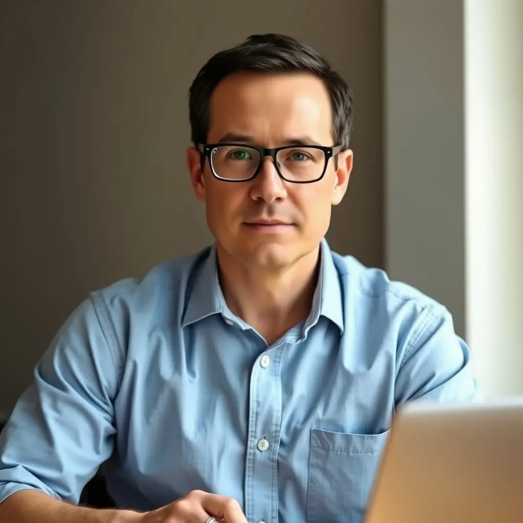 Dr. Sharma has short, dark hair and wears glasses, with a focused and intelligent expression.