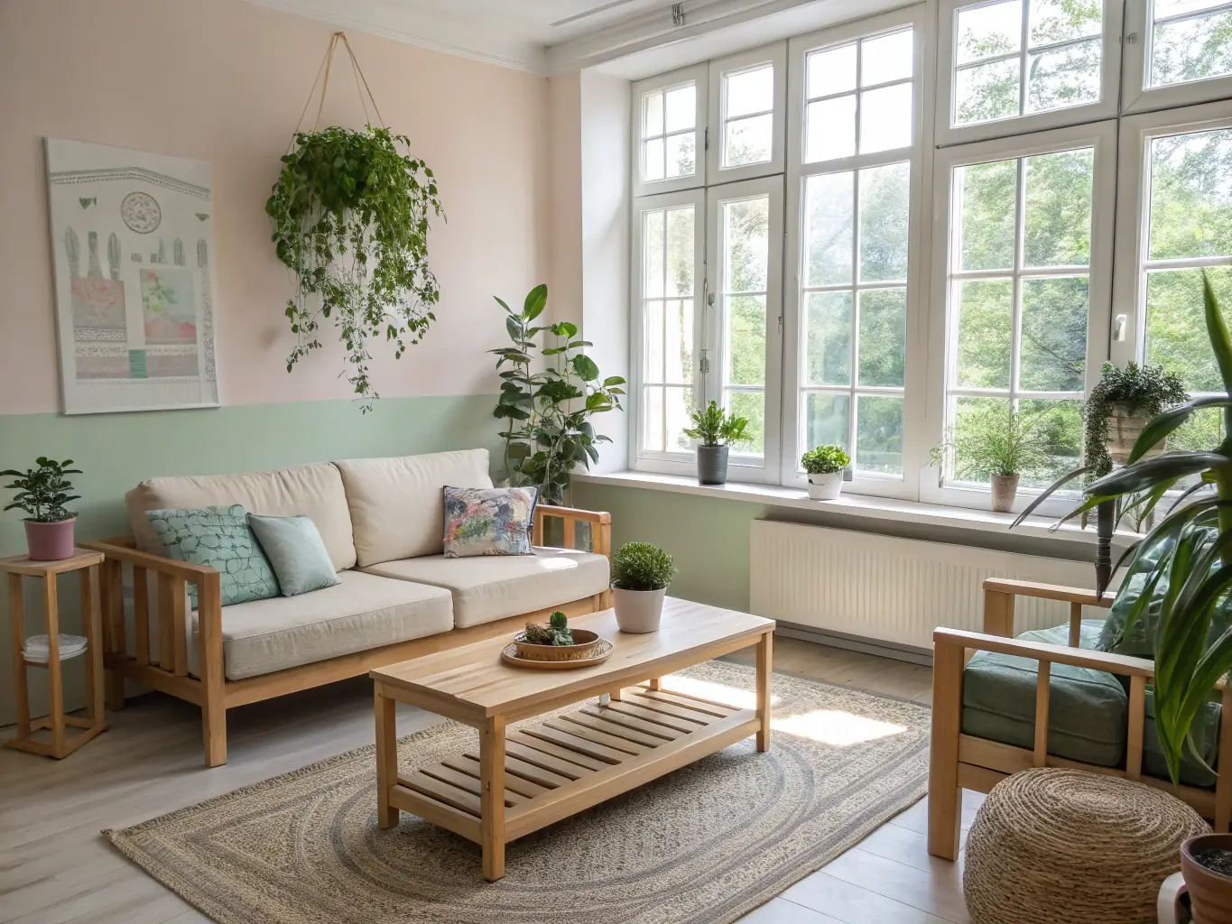 A bright, minimalist living room featuring Modern Montessori products: a sleek desk lamp, a geometric-patterned doormat, and a set of wooden Montessori toys neatly arranged on a shelf. The room has large windows with natural light, emphasizing the clean lines and calming atmosphere.