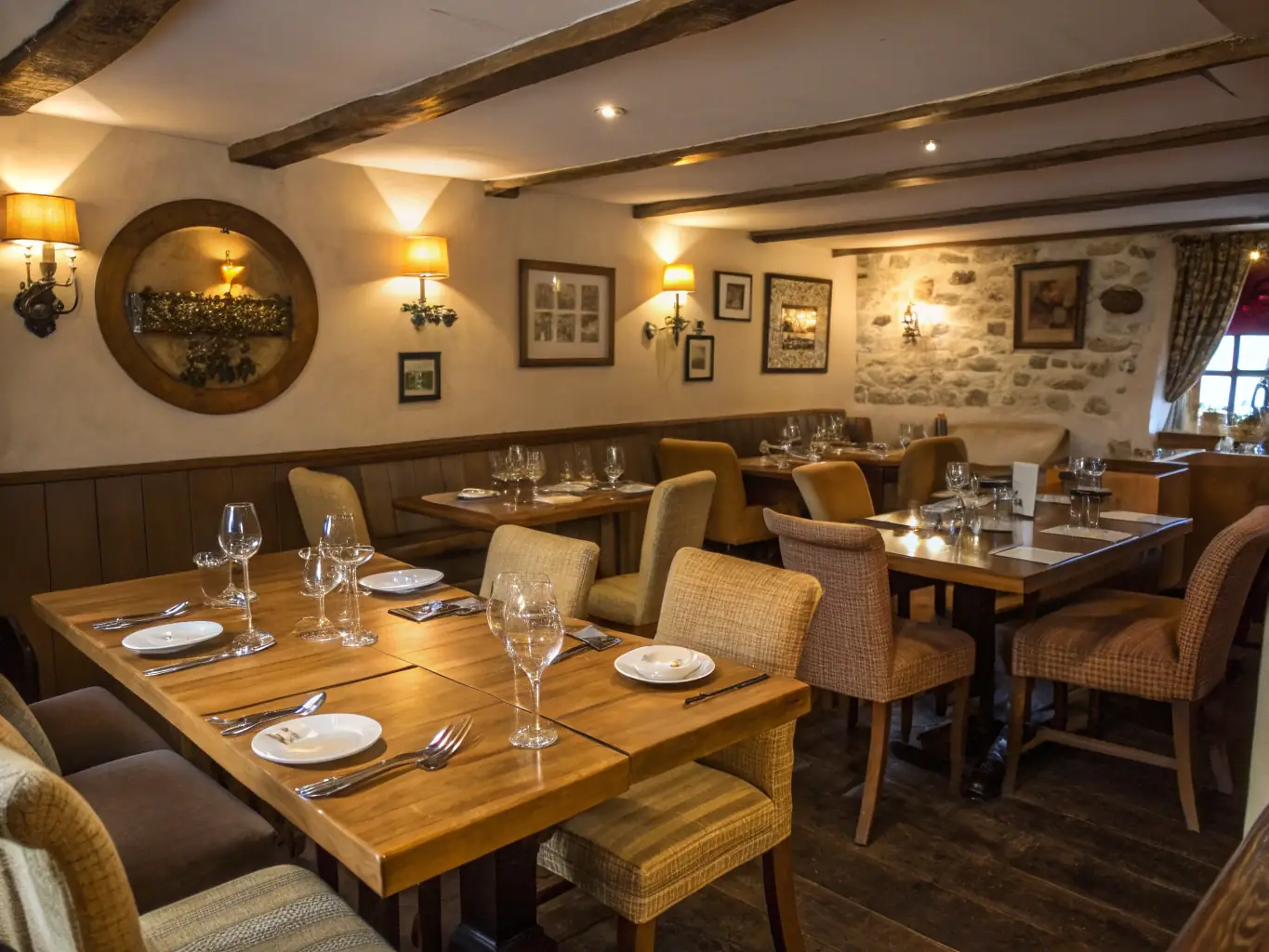 A photograph of the interior of a cozy and inviting deli-style tavern, showcasing shelves stocked with cured meats and cheeses, and tables set for diners.