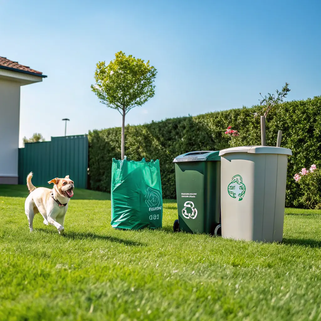 A friendly eco-conscious pet owner with a dog and cat, surrounded by eco-friendly pet products like biodegradable poop bags, plant-based shampoos, and eco toys, in a natural outdoor setting