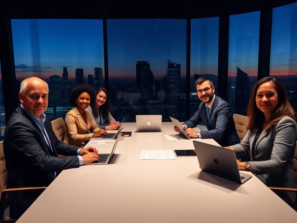 A professional team of policy researchers and governance experts collaborating on international standards, depicted in a dynamic, global-themed image