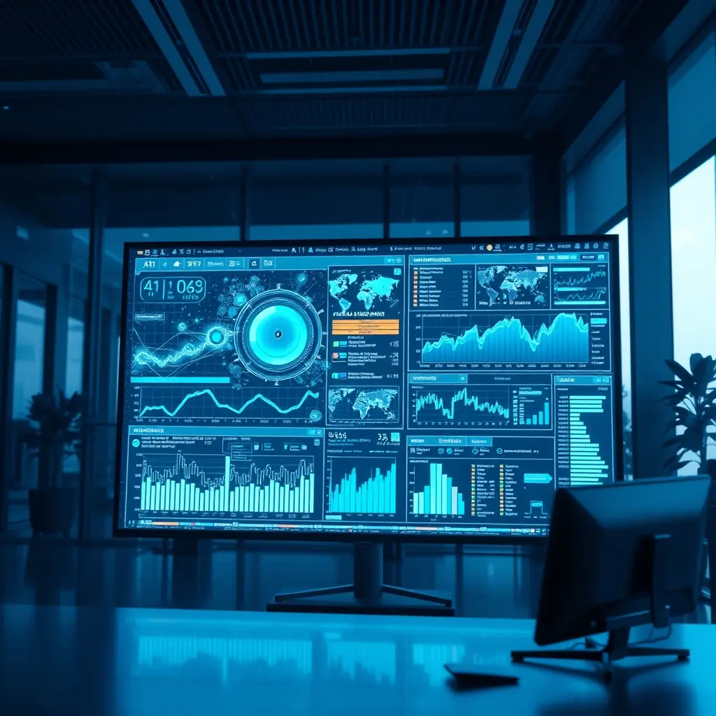 Futuristic AI technology integrated with financial graphs and data analytics in a dark, high-tech environment.