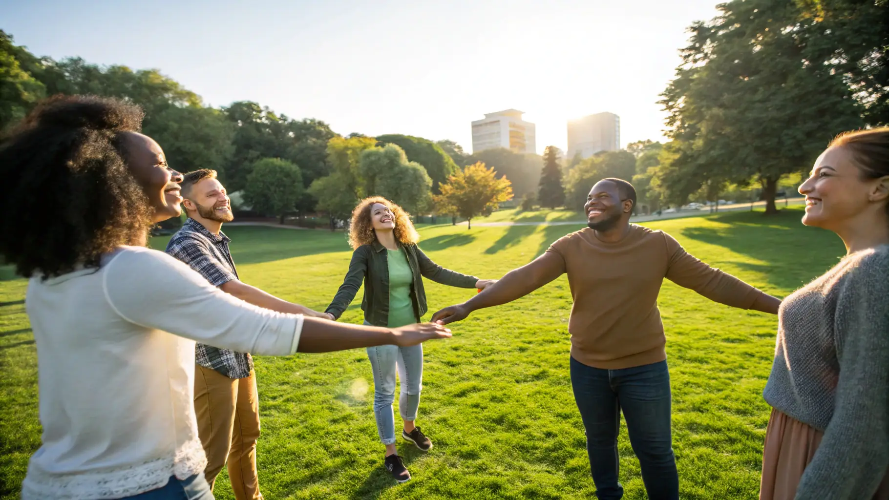 A diverse group of people holding hands, symbolizing unity and connection between continents.