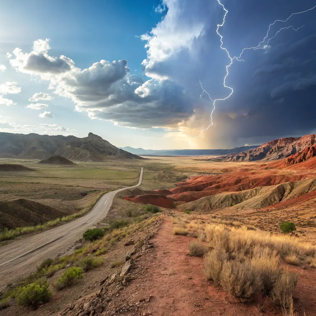 A digital crossroads depicting two contrasting paths: one leading to a desolate, fiery abyss representing digital decay, and the other leading to a vibrant, thriving landscape representing collaborative AI and harmonious growth. The image symbolizes the critical choices businesses face in the digital age and the transformative power of OmegaQube's solutions.