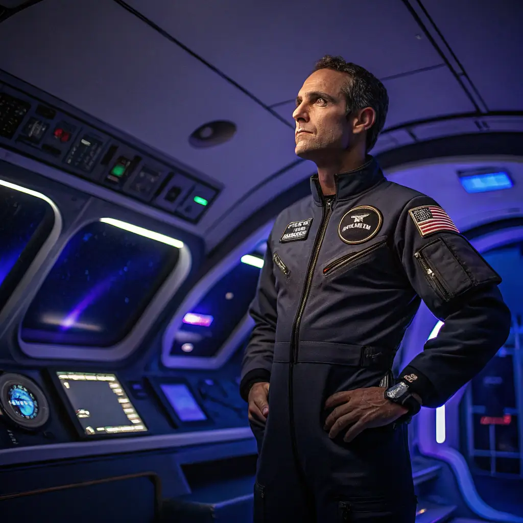 A pensive captain at the helm of a futuristic spacecraft, with flickering images of the Hindenburg disaster projected on the control panel. He is clutching a toy rocket, symbolizing ambition and potential risk. The number '444' subtly appears on the screen, representing a critical turning point.