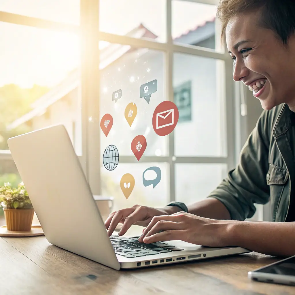 An image showcasing a person happily using a computer with various AI-powered email marketing tools and charts displayed on the screen, symbolizing increased sales and customer engagement for Tiffany AI Connect Store.